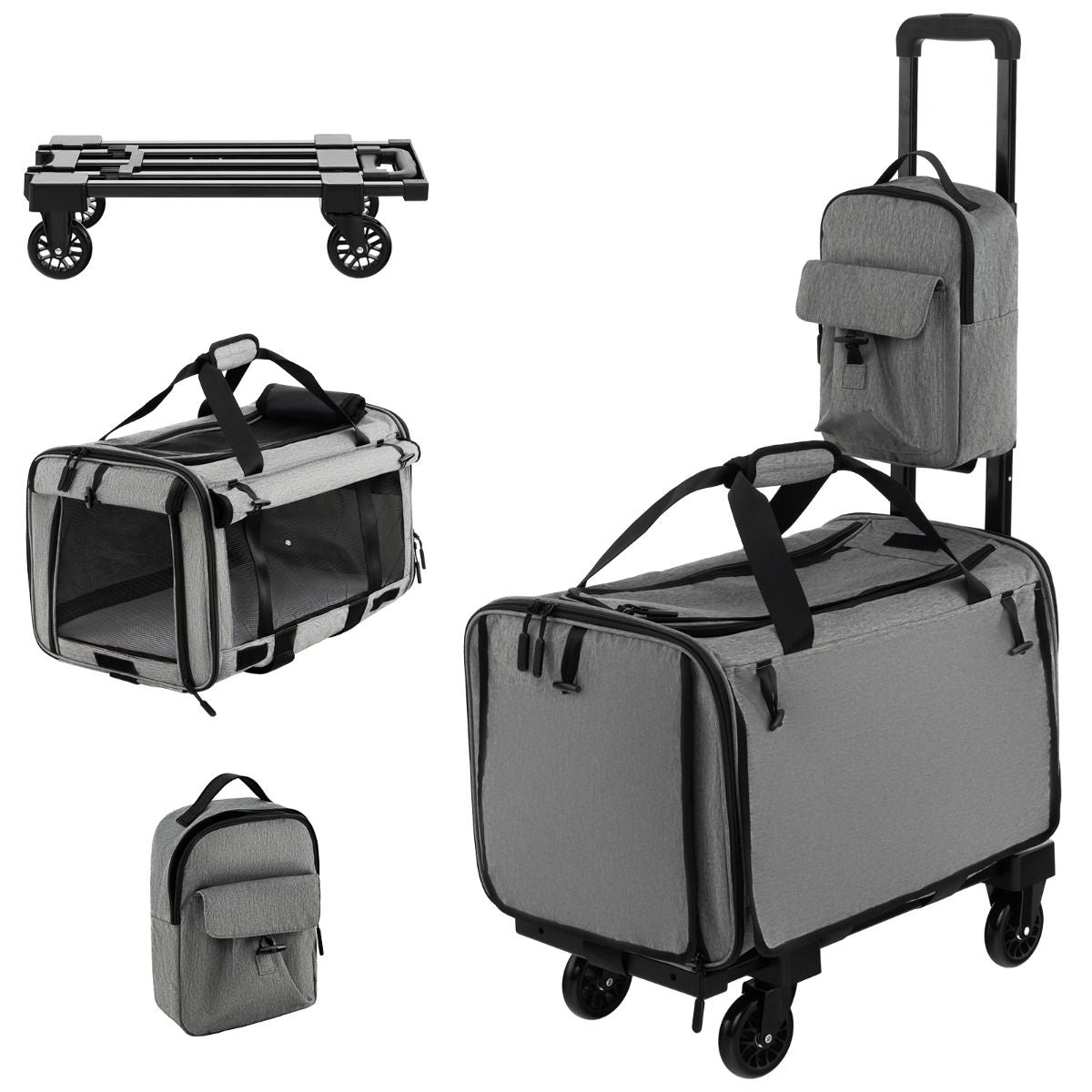 Jaula De Viaje Plegable Para Mascotas Con Almohadillas Manija Telescópica Correa De Transporte Gris