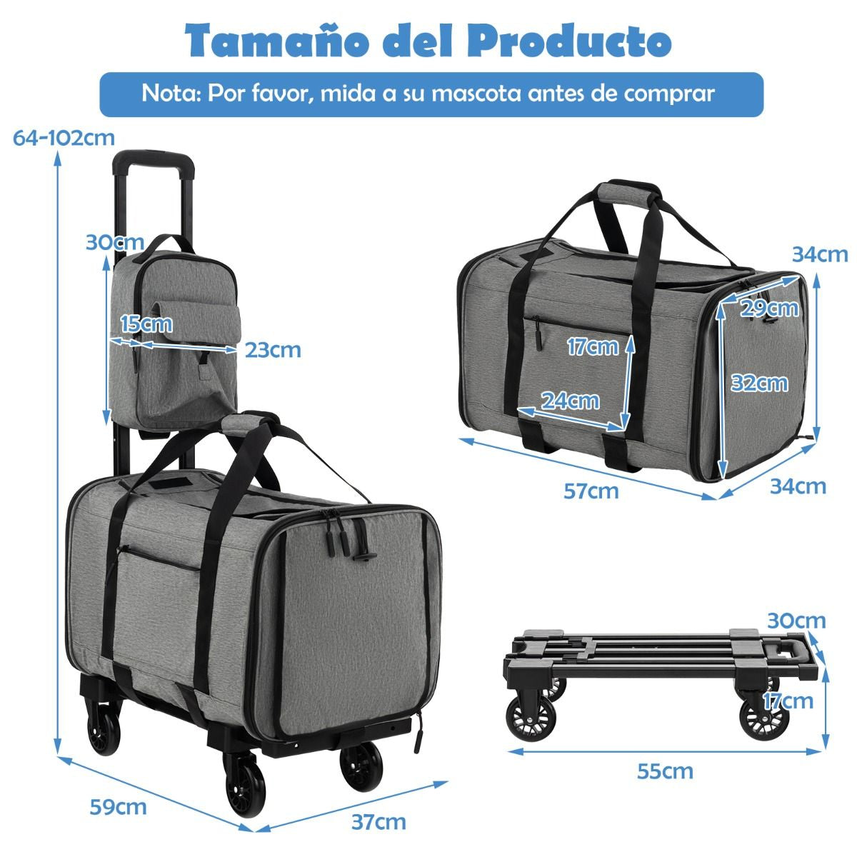 Jaula De Viaje Plegable Para Mascotas Con Almohadillas Manija Telescópica Correa De Transporte Gris