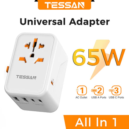 65W Gan Travel Adapter Universal Socket with 2 USB 3 Type C Fast Charging Internaitonal Power Adapter EU/UK/USA/AUS Plug