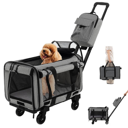 Jaula De Viaje Plegable Para Mascotas Con Almohadillas Manija Telescópica Correa De Transporte Gris