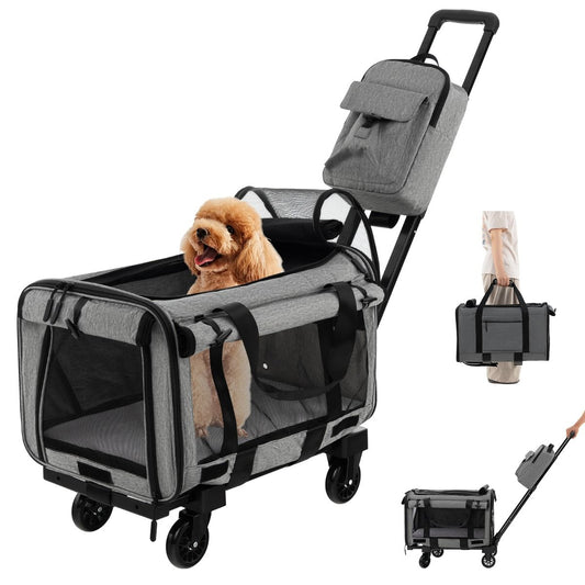 Jaula De Viaje Plegable Para Mascotas Con Almohadillas Manija Telescópica Correa De Transporte Gris