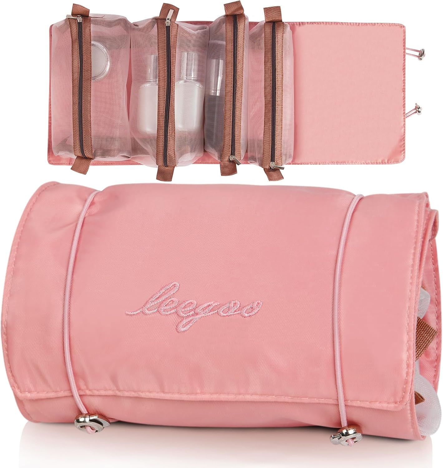 Neceser De Viaje, 4 En 1 Neceser Viaje Colgante, Plegable Bolsa De Cosméticos Portátil Con 4 Compartimentos Visibles, Mujer Viaje Cosas Necesarias, Rosa