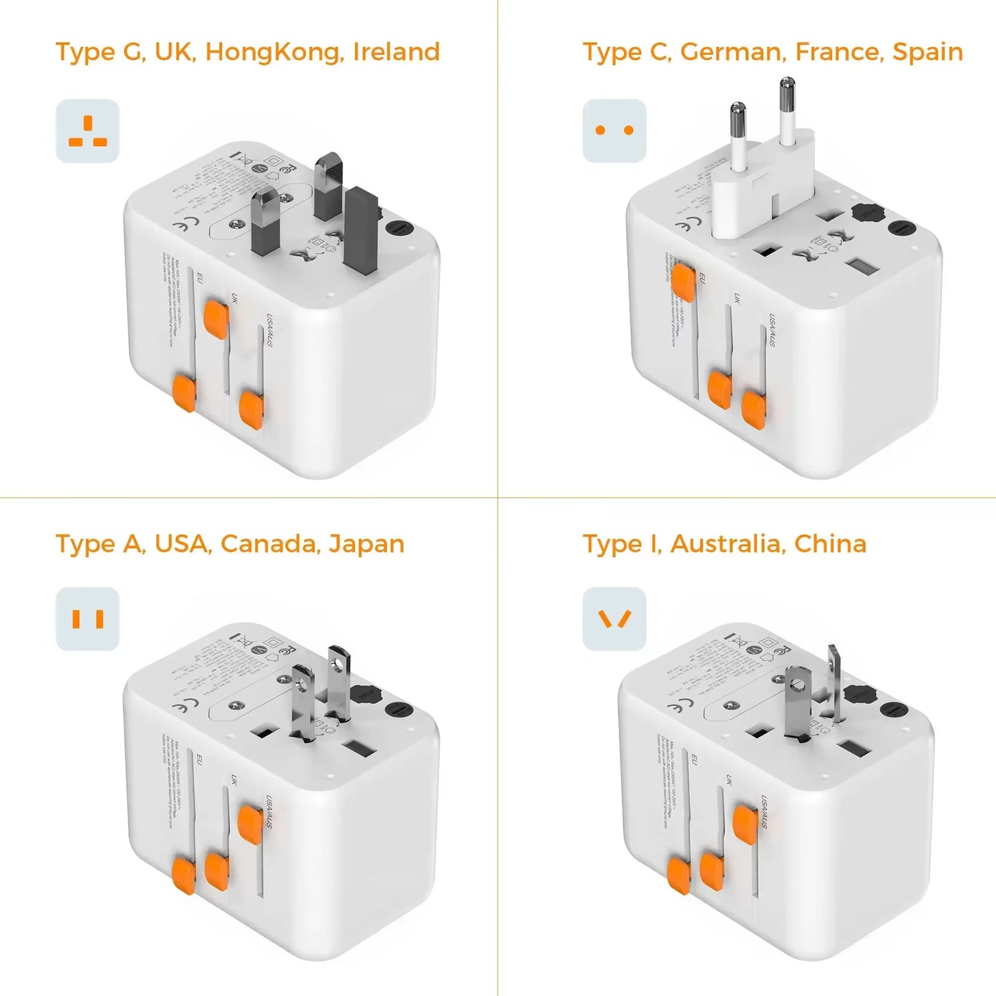 65W Gan Travel Adapter Universal Socket with 2 USB 3 Type C Fast Charging Internaitonal Power Adapter EU/UK/USA/AUS Plug