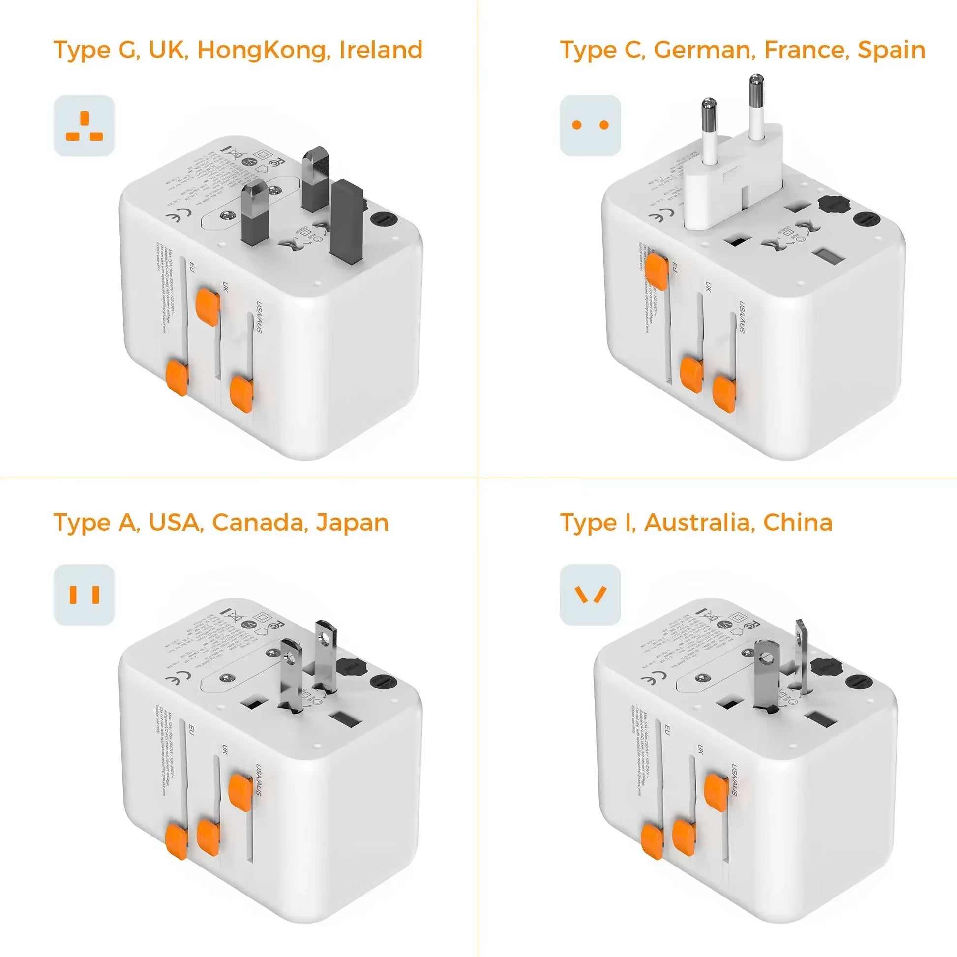 65W Gan Travel Adapter Universal Socket with 2 USB 3 Type C Fast Charging Internaitonal Power Adapter EU/UK/USA/AUS Plug