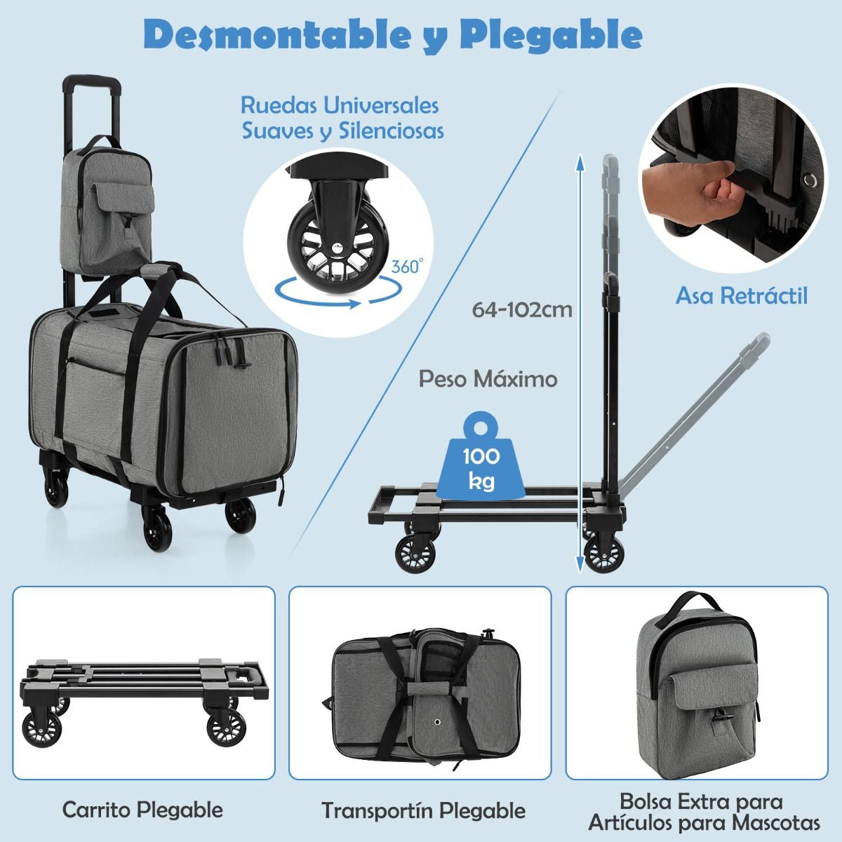 Jaula De Viaje Plegable Para Mascotas Con Almohadillas Manija Telescópica Correa De Transporte Gris