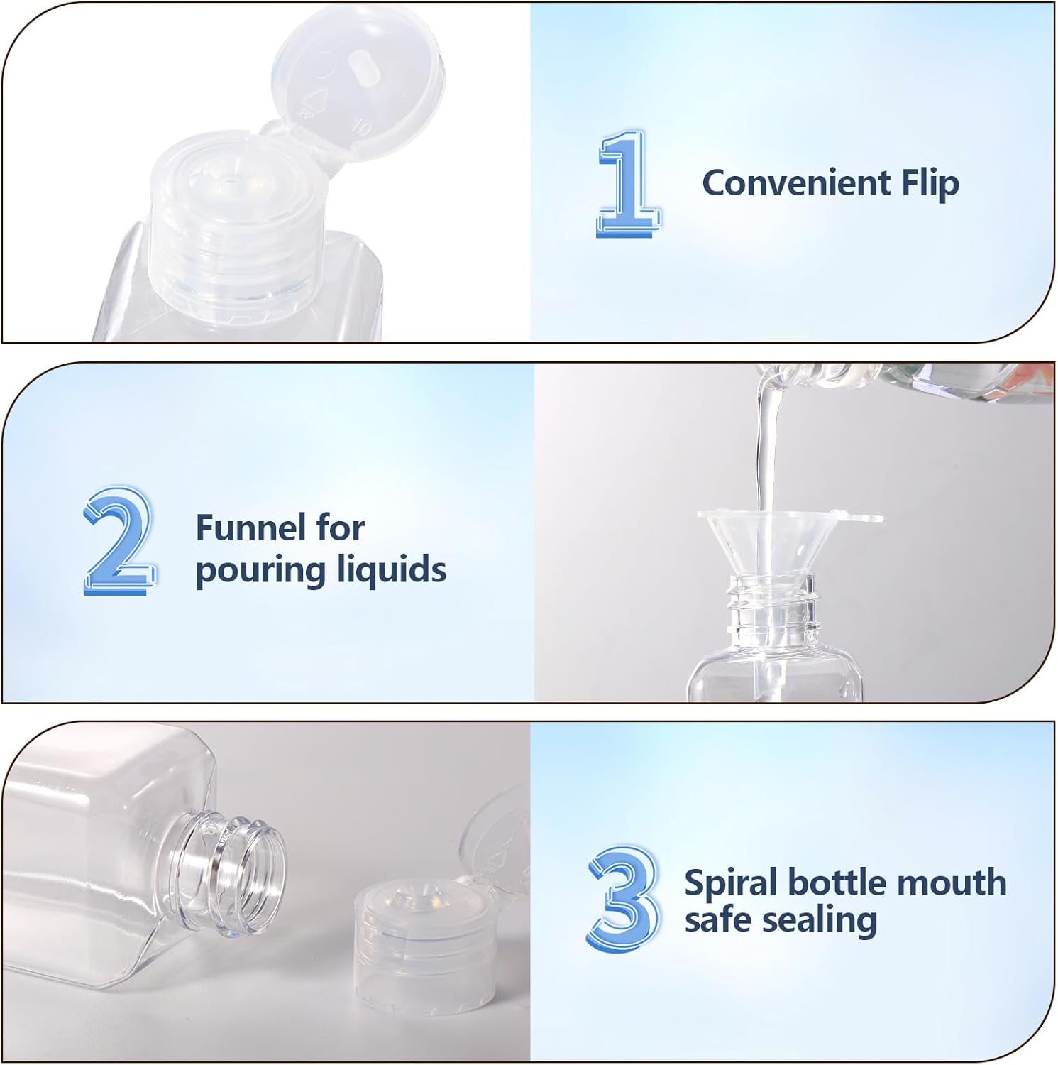 Organizador de viaje: incluye seis botellas de 100 ml, bolsa de viaje aprobada por la TSA y 2 embudos pequeños.