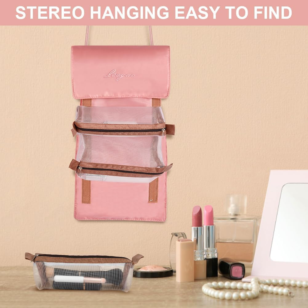 Neceser De Viaje, 4 En 1 Neceser Viaje Colgante, Plegable Bolsa De Cosméticos Portátil Con 4 Compartimentos Visibles, Mujer Viaje Cosas Necesarias, Rosa