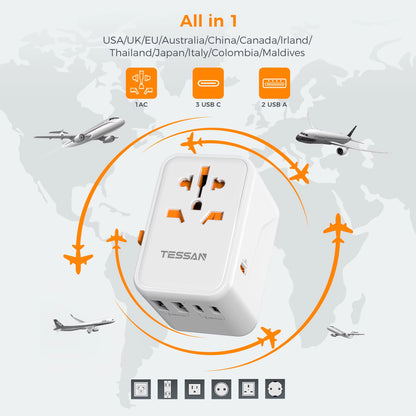 65W Gan Travel Adapter Universal Socket with 2 USB 3 Type C Fast Charging Internaitonal Power Adapter EU/UK/USA/AUS Plug
