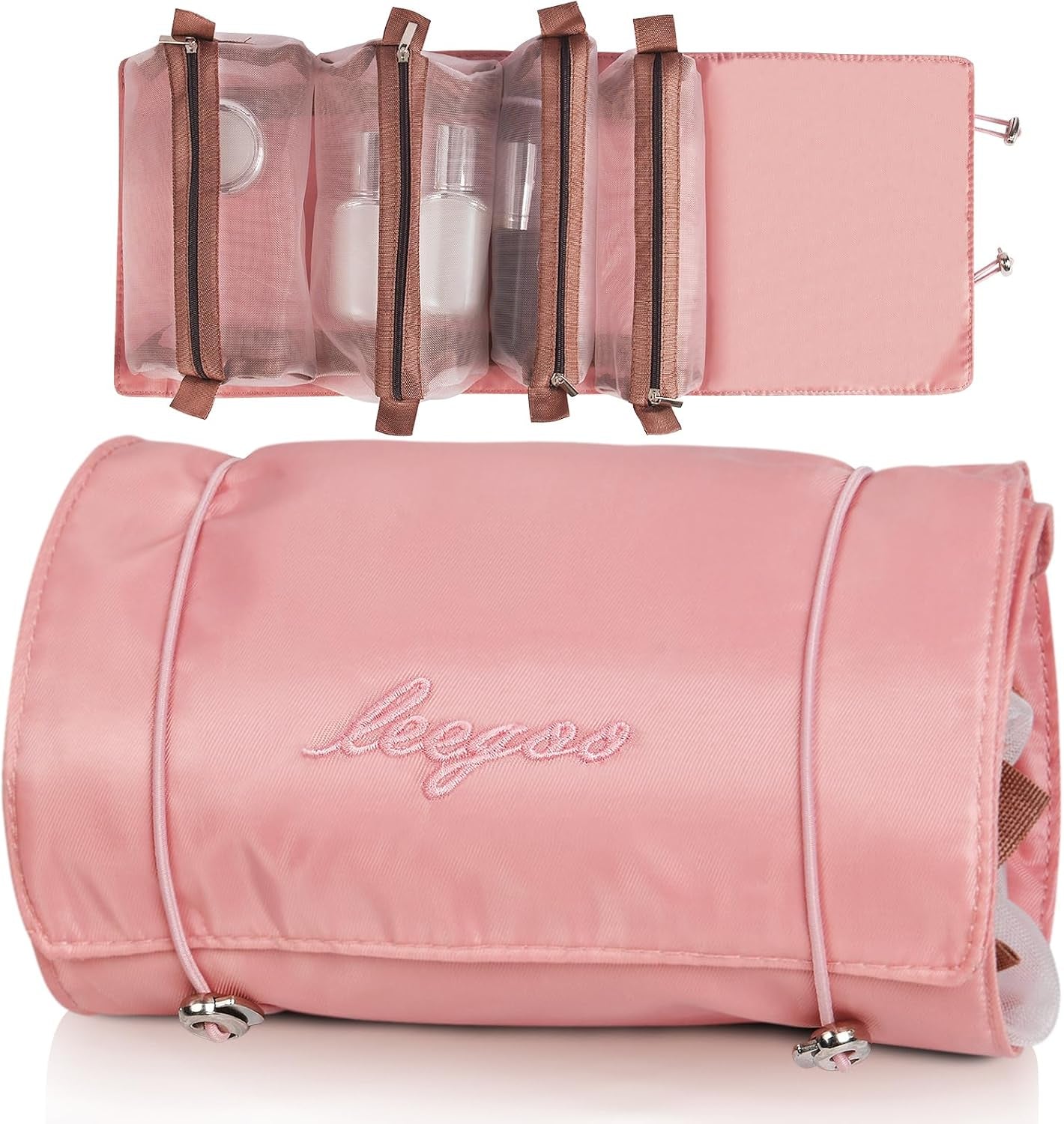 Neceser De Viaje, 4 En 1 Neceser Viaje Colgante, Plegable Bolsa De Cosméticos Portátil Con 4 Compartimentos Visibles, Mujer Viaje Cosas Necesarias, Rosa