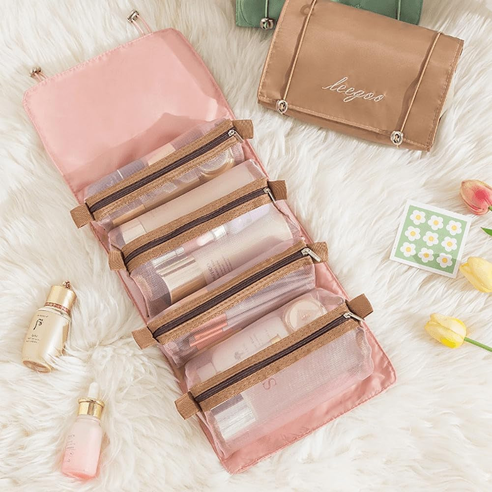 Neceser De Viaje, 4 En 1 Neceser Viaje Colgante, Plegable Bolsa De Cosméticos Portátil Con 4 Compartimentos Visibles, Mujer Viaje Cosas Necesarias, Rosa