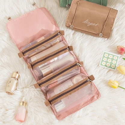 Neceser De Viaje, 4 En 1 Neceser Viaje Colgante, Plegable Bolsa De Cosméticos Portátil Con 4 Compartimentos Visibles, Mujer Viaje Cosas Necesarias, Rosa