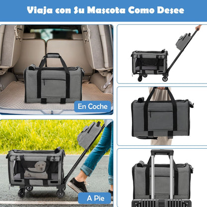 Jaula De Viaje Plegable Para Mascotas Con Almohadillas Manija Telescópica Correa De Transporte Gris