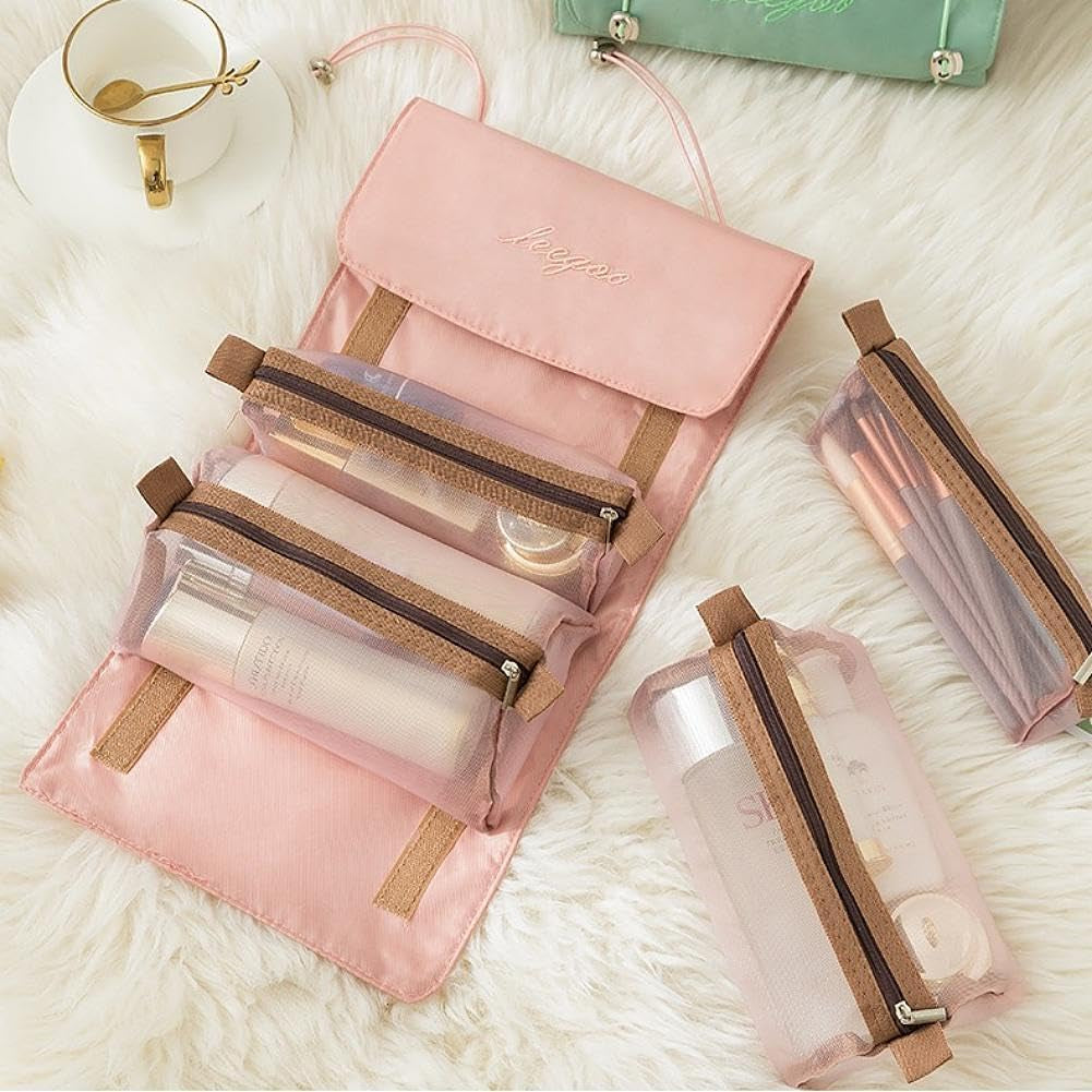 Neceser De Viaje, 4 En 1 Neceser Viaje Colgante, Plegable Bolsa De Cosméticos Portátil Con 4 Compartimentos Visibles, Mujer Viaje Cosas Necesarias, Rosa