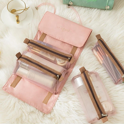Neceser De Viaje, 4 En 1 Neceser Viaje Colgante, Plegable Bolsa De Cosméticos Portátil Con 4 Compartimentos Visibles, Mujer Viaje Cosas Necesarias, Rosa