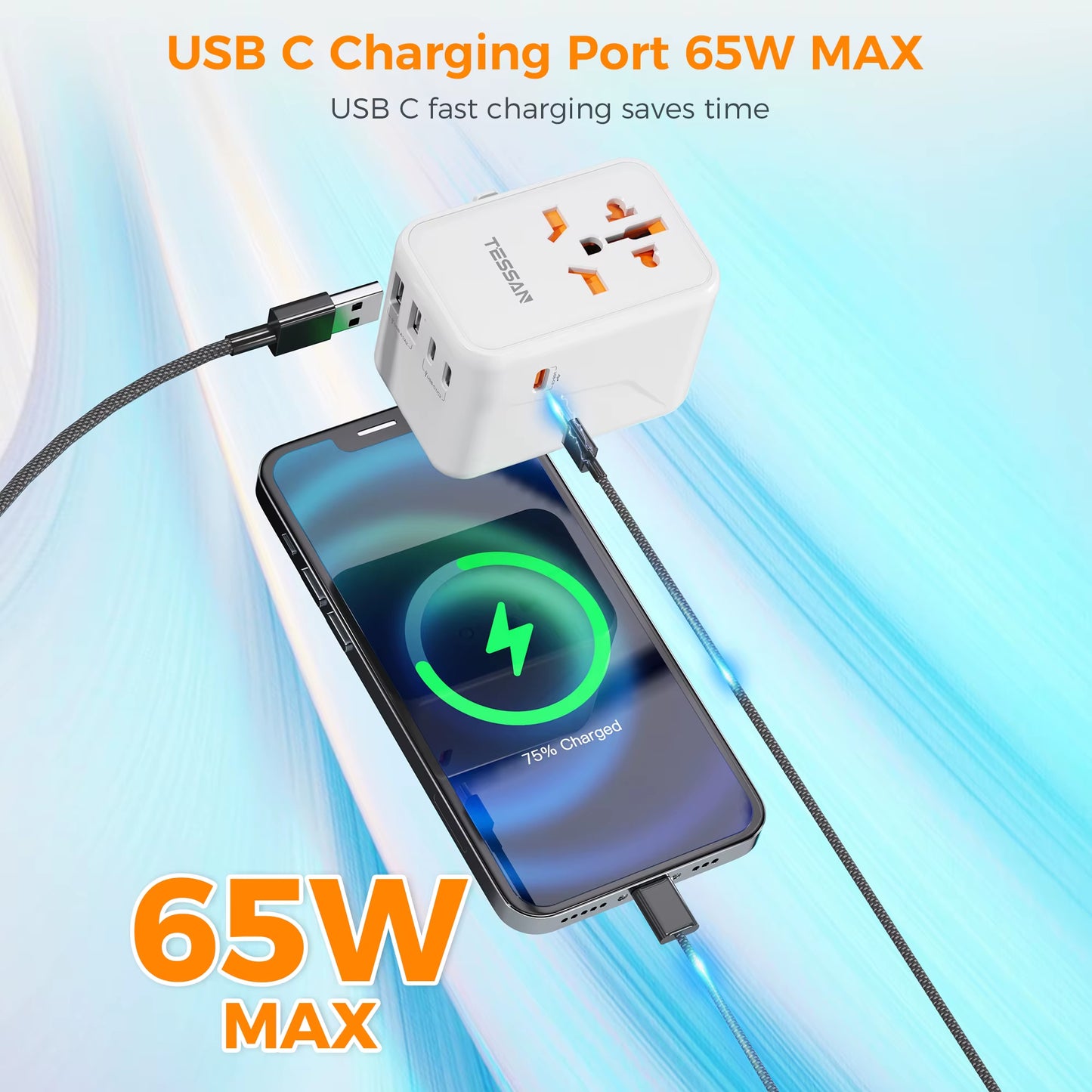 65W Gan Travel Adapter Universal Socket with 2 USB 3 Type C Fast Charging Internaitonal Power Adapter EU/UK/USA/AUS Plug