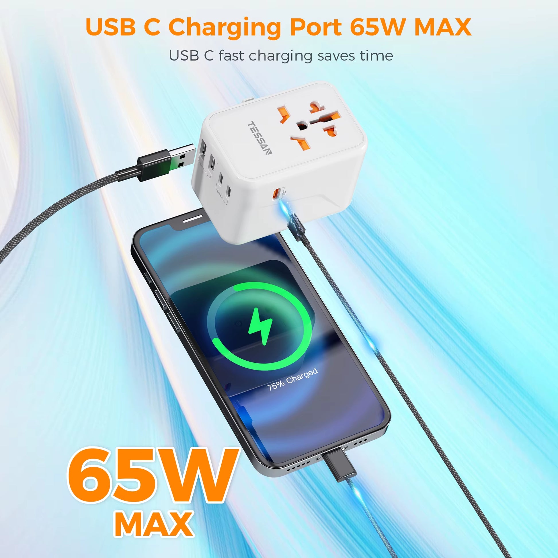 65W Gan Travel Adapter Universal Socket with 2 USB 3 Type C Fast Charging Internaitonal Power Adapter EU/UK/USA/AUS Plug