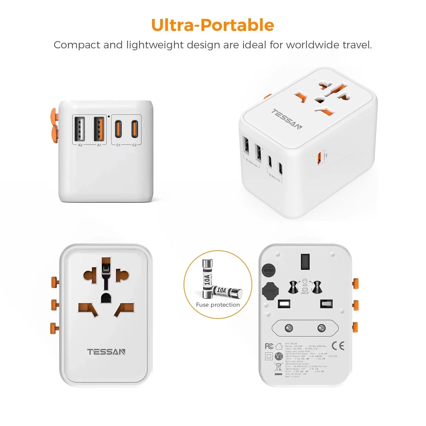65W Gan Travel Adapter Universal Socket with 2 USB 3 Type C Fast Charging Internaitonal Power Adapter EU/UK/USA/AUS Plug