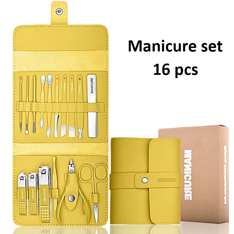 Set de manicura 12/16 Pcs Full Function Kit Stainless Steel Pedicure Sets with Leather Portable Case Idea Gift