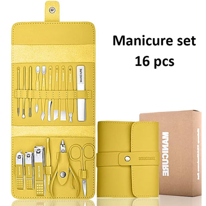 Set de manicura 12/16 Pcs Full Function Kit Stainless Steel Pedicure Sets with Leather Portable Case Idea Gift