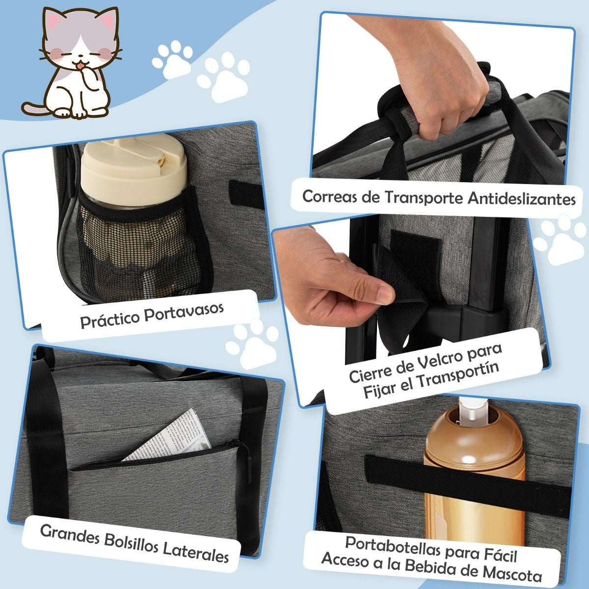 Jaula De Viaje Plegable Para Mascotas Con Almohadillas Manija Telescópica Correa De Transporte Gris