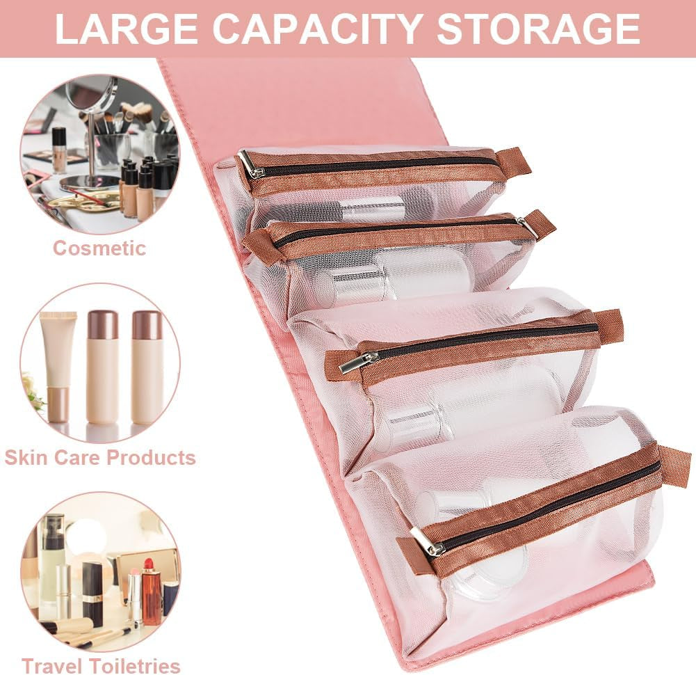 Neceser De Viaje, 4 En 1 Neceser Viaje Colgante, Plegable Bolsa De Cosméticos Portátil Con 4 Compartimentos Visibles, Mujer Viaje Cosas Necesarias, Rosa