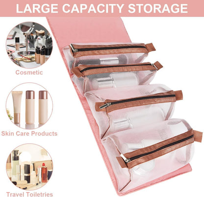 Neceser De Viaje, 4 En 1 Neceser Viaje Colgante, Plegable Bolsa De Cosméticos Portátil Con 4 Compartimentos Visibles, Mujer Viaje Cosas Necesarias, Rosa