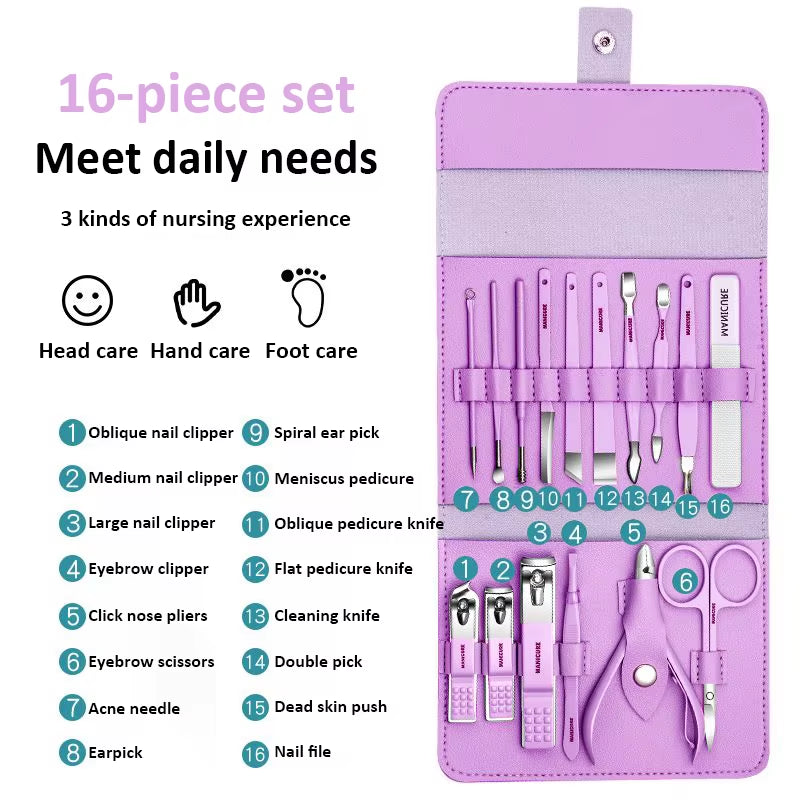 Set de manicura 12/16 Pcs Full Function Kit Stainless Steel Pedicure Sets with Leather Portable Case Idea Gift