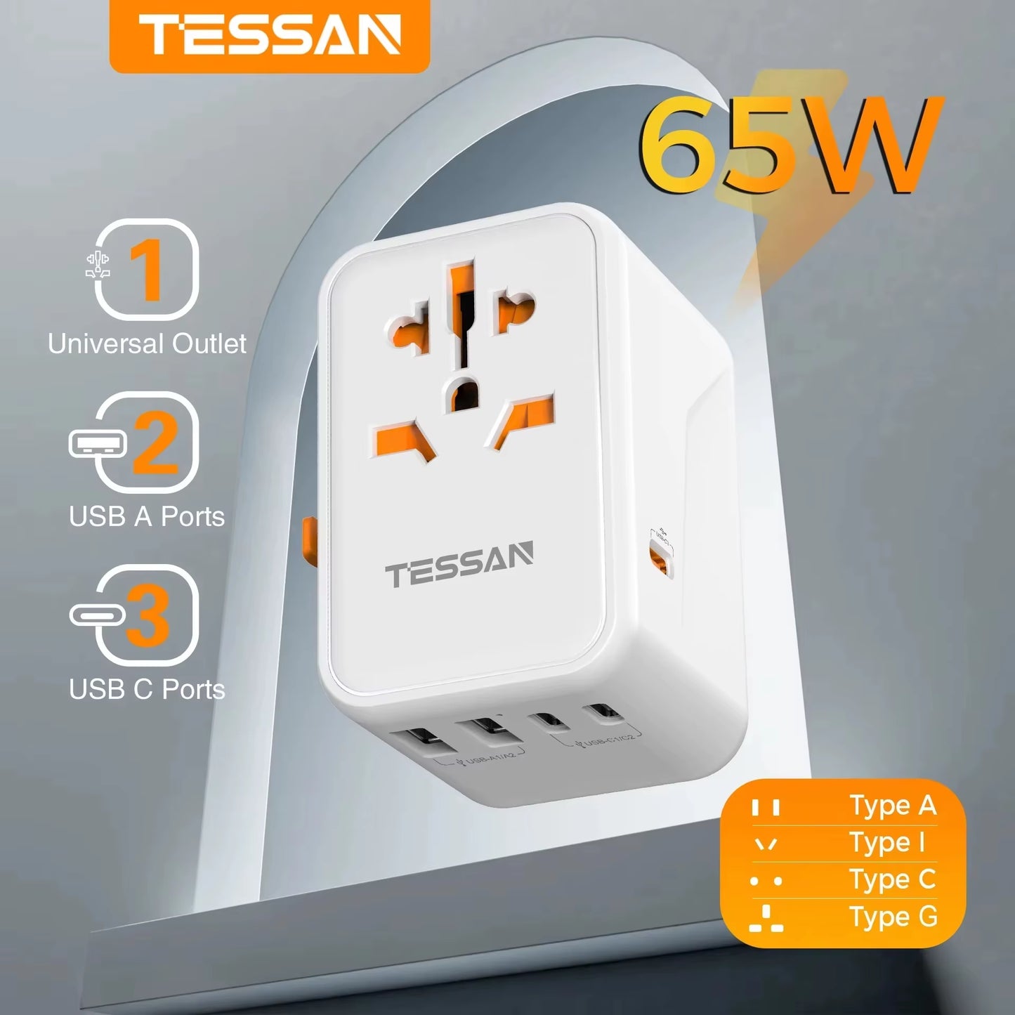 65W Gan Travel Adapter Universal Socket with 2 USB 3 Type C Fast Charging Internaitonal Power Adapter EU/UK/USA/AUS Plug