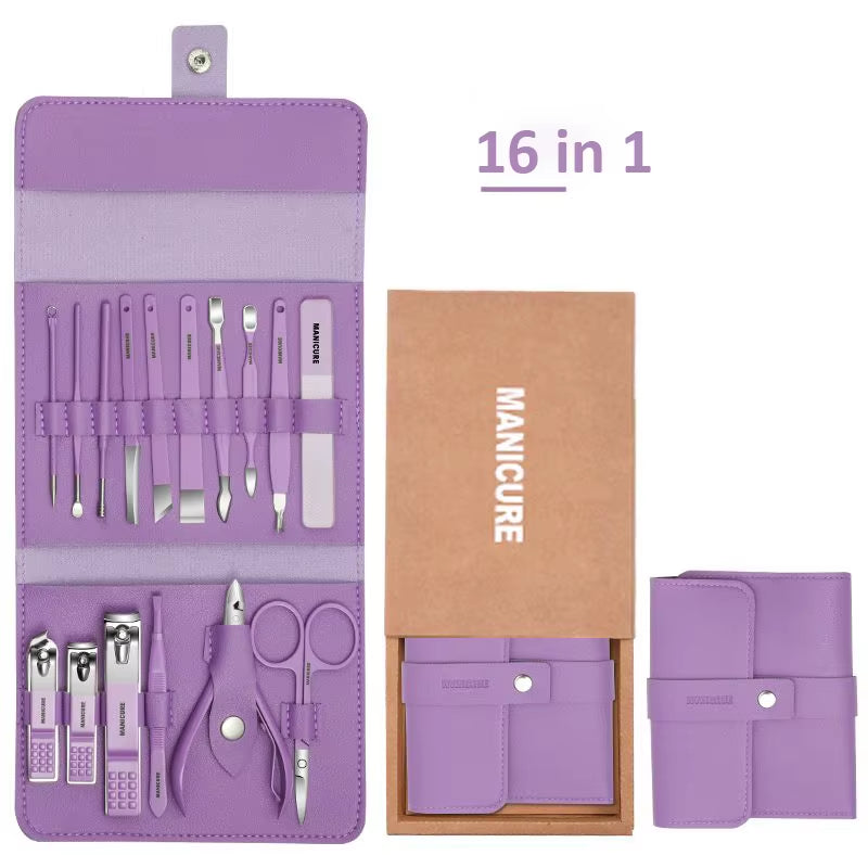 Set de manicura 12/16 Pcs Full Function Kit Stainless Steel Pedicure Sets with Leather Portable Case Idea Gift