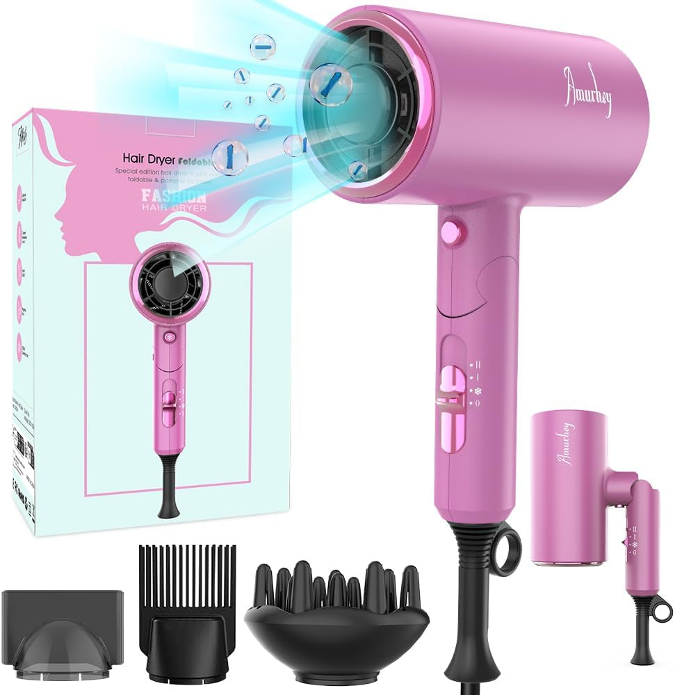 Secador De Pelo Ionic Motor AC 2200 W, [Potente & Ligero] Secador Plegable Pequeño De Viaje Con Botón Frío/Calor, 3 Temperaturas/2 Velocidades, Hair Dryer Negativos Portátil Para Muchos Peinados