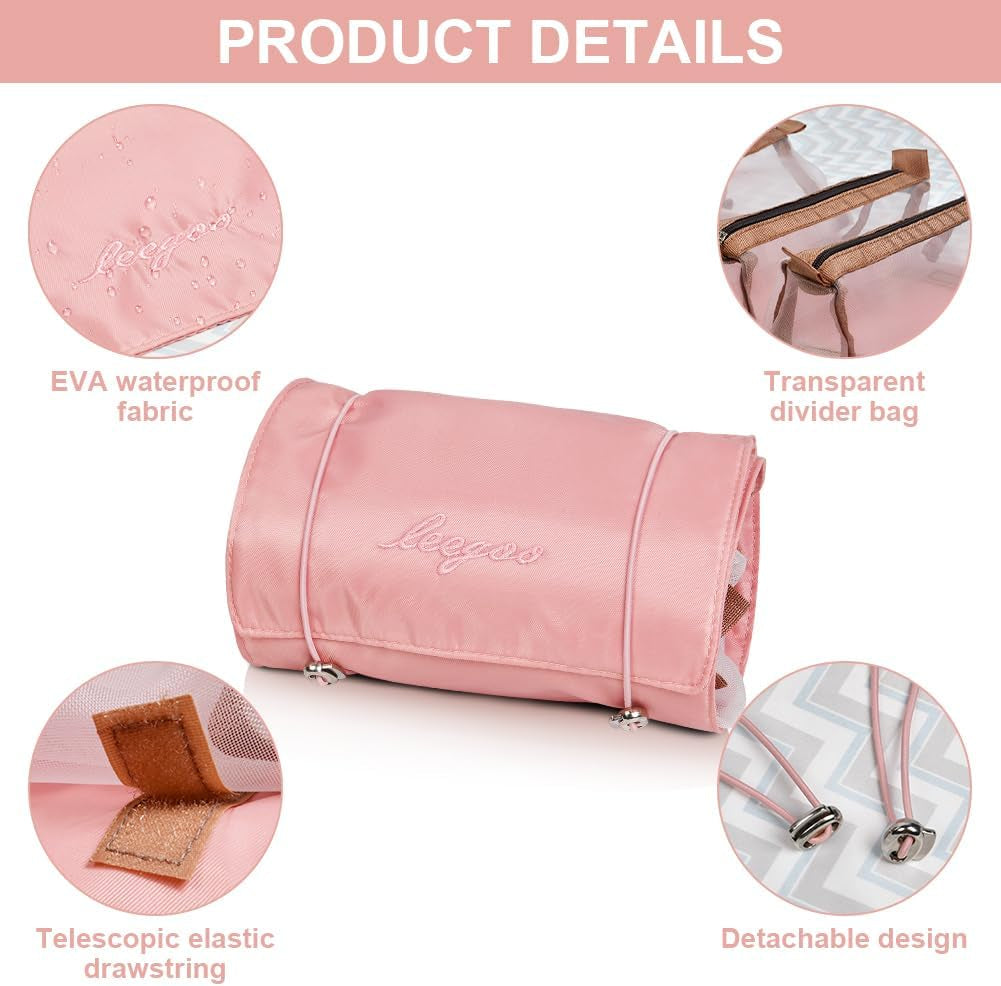 Neceser De Viaje, 4 En 1 Neceser Viaje Colgante, Plegable Bolsa De Cosméticos Portátil Con 4 Compartimentos Visibles, Mujer Viaje Cosas Necesarias, Rosa