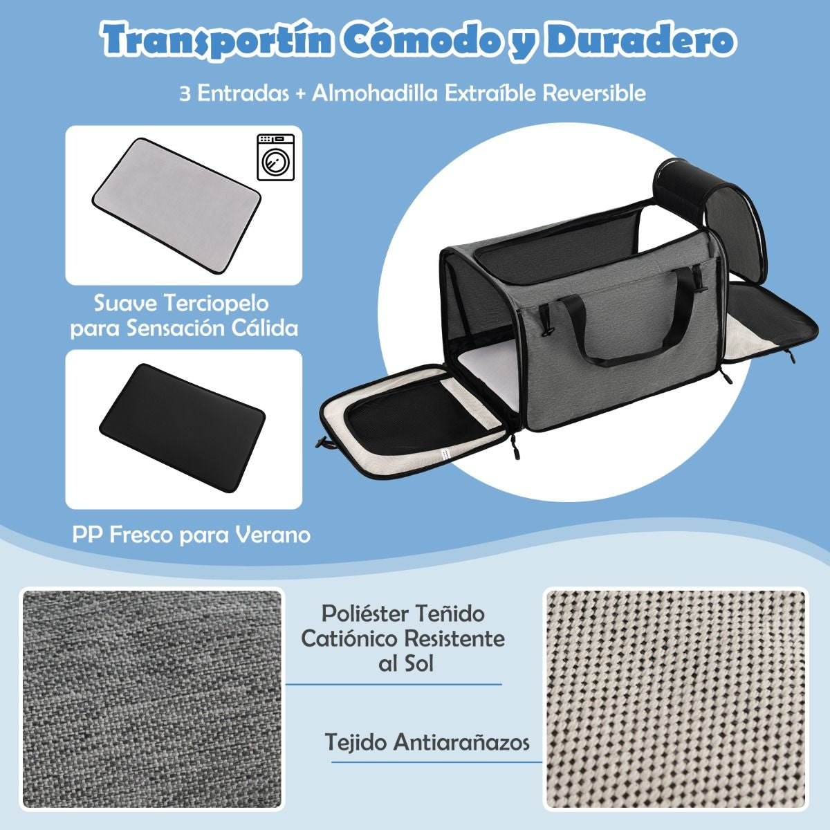 Jaula De Viaje Plegable Para Mascotas Con Almohadillas Manija Telescópica Correa De Transporte Gris