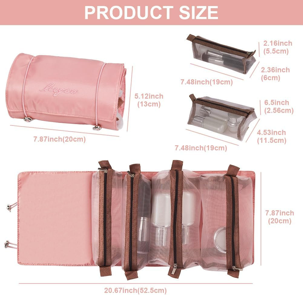 Neceser De Viaje, 4 En 1 Neceser Viaje Colgante, Plegable Bolsa De Cosméticos Portátil Con 4 Compartimentos Visibles, Mujer Viaje Cosas Necesarias, Rosa