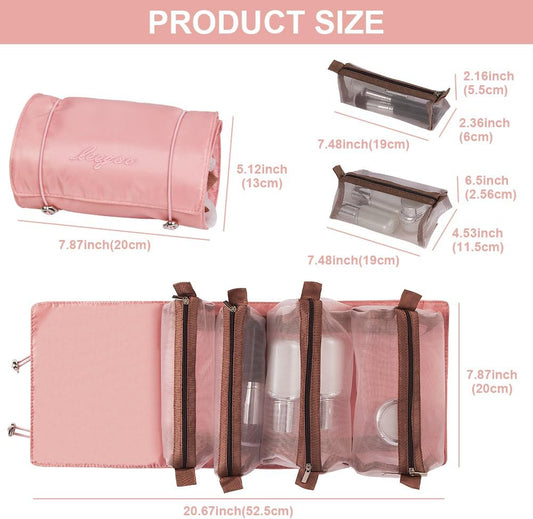 Neceser De Viaje, 4 En 1 Neceser Viaje Colgante, Plegable Bolsa De Cosméticos Portátil Con 4 Compartimentos Visibles, Mujer Viaje Cosas Necesarias, Rosa