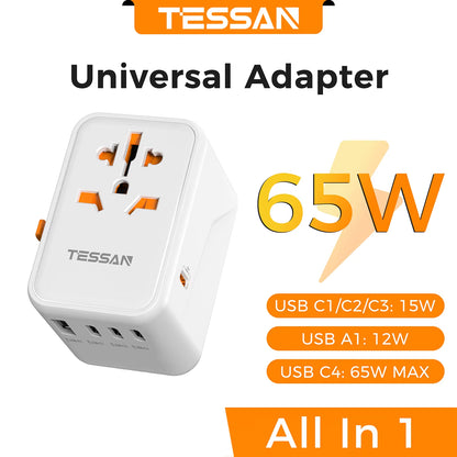 65W Gan Travel Adapter Universal Socket with 2 USB 3 Type C Fast Charging Internaitonal Power Adapter EU/UK/USA/AUS Plug