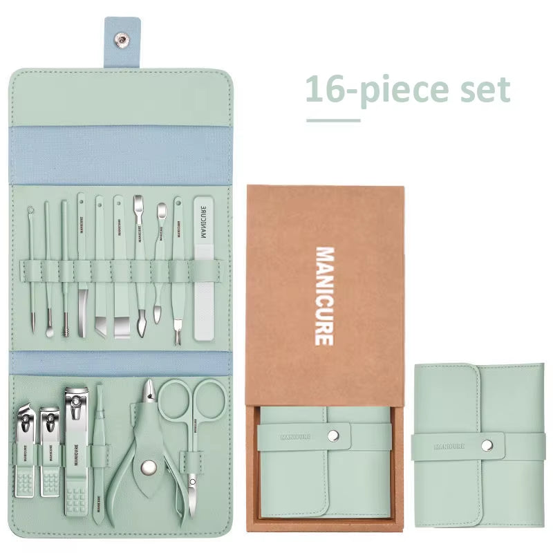 Set de manicura 12/16 Pcs Full Function Kit Stainless Steel Pedicure Sets with Leather Portable Case Idea Gift